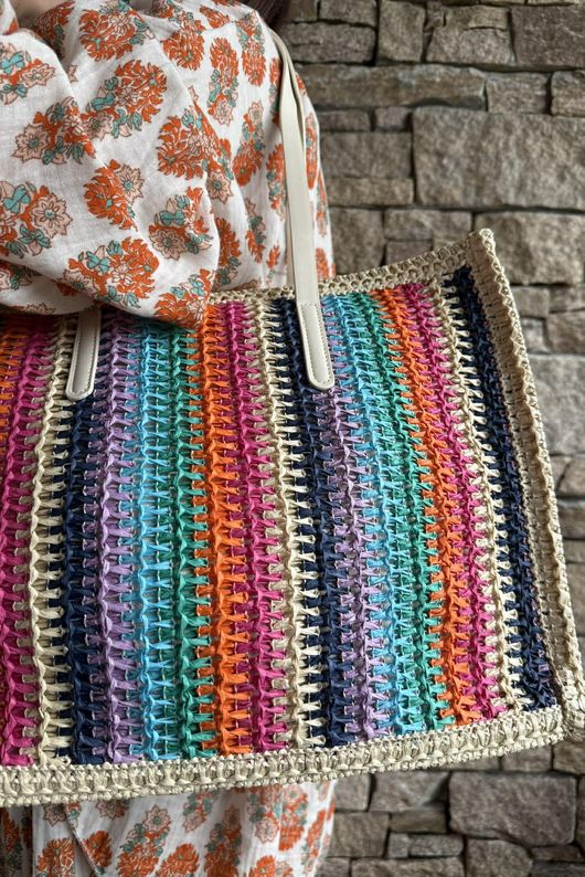 Kondi Rainbow Raffia Tote Bag Stone